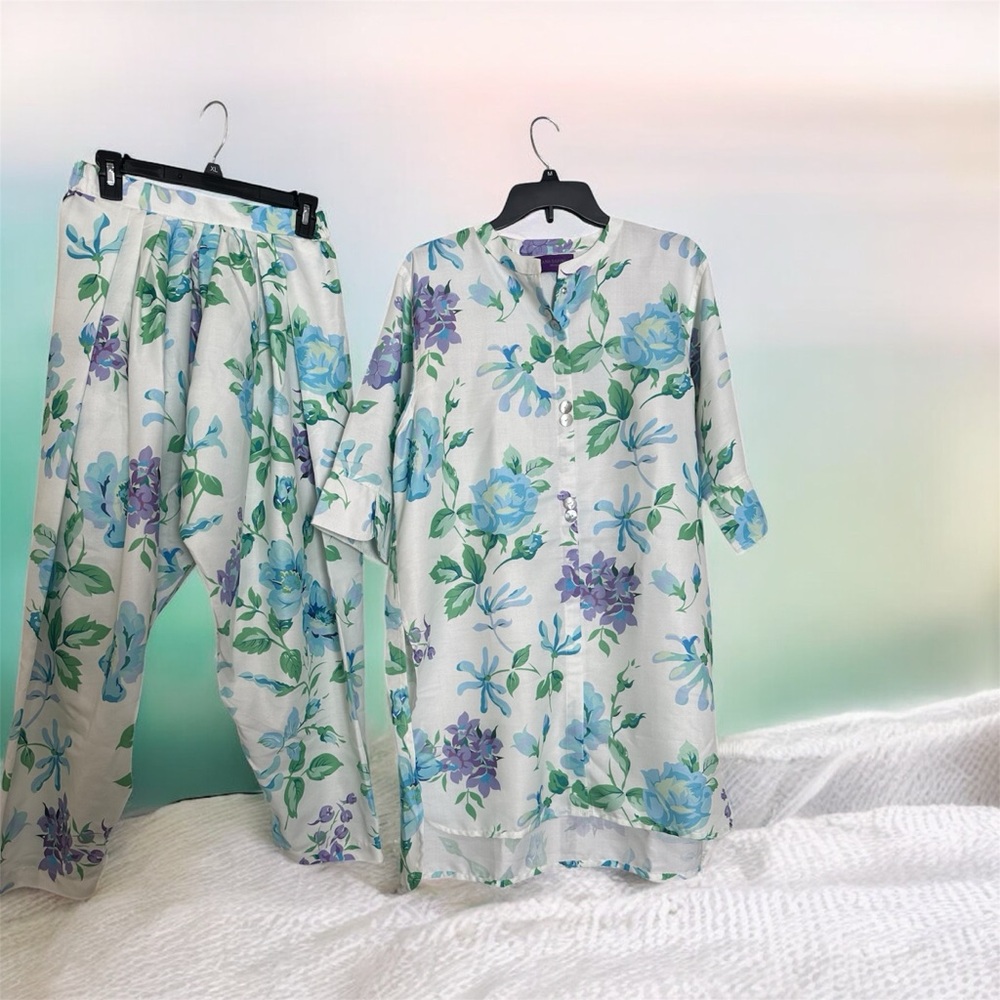 Floral Blue and Green Two-Piece Set
